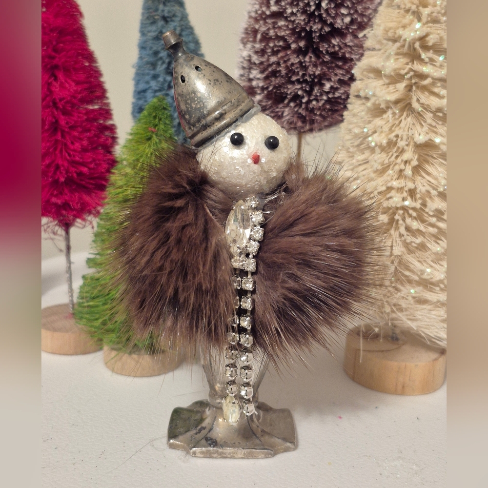 Festive Snowman Figurine with Real Fur and Sparkling Rhinestones **see Shipping